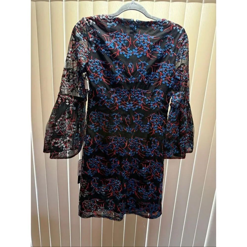 Nicole Miller Embroidered Mesh Dress Black Red Blue Sheer Bell Sleeve Cocktail S - Picture 9 of 13